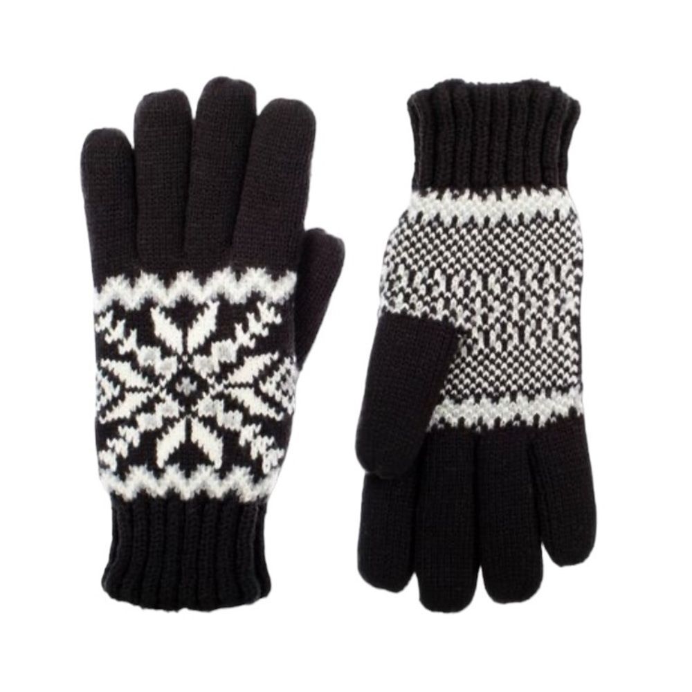 NWT Isotoner Adult Snowflake Knit Gloves One Size Black NEW - Picture 1 of 10